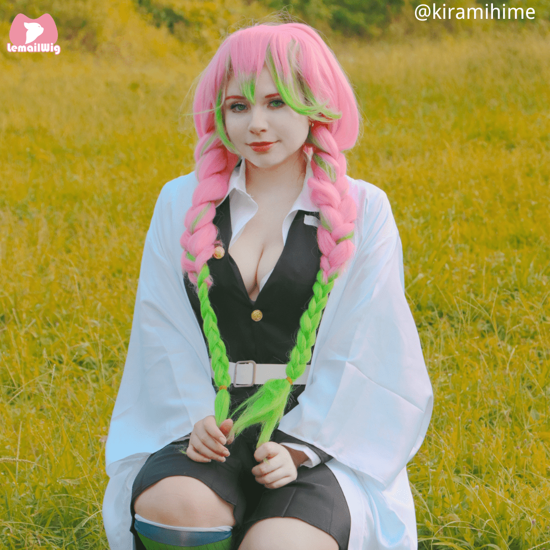 【48HR SHIP】Demon Slayer Kimetsu no Yaiba Kanroji Mitsuri Long Pink Mixed Green Braid Cosplay Wigs - lemailwigs
