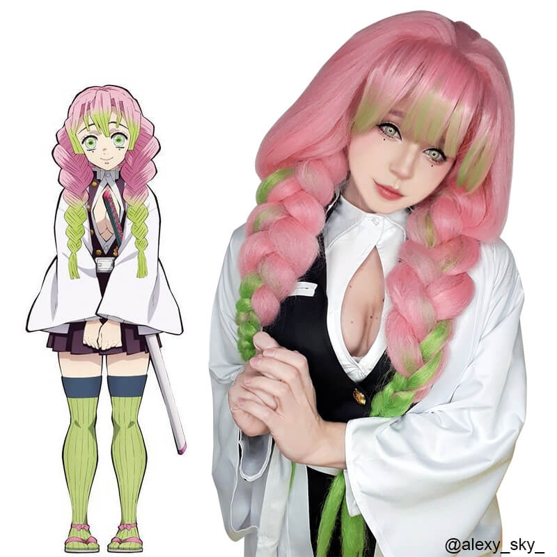 【48HR SHIP】Demon Slayer Kimetsu no Yaiba Kanroji Mitsuri Long Pink Mixed Green Braid Cosplay Wigs - lemailwigs