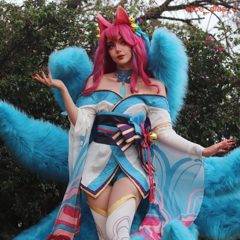 【48HR SHIP】LOL Spirit Blossom Ahri Long Curly Pink Gradient Cosplay Wigs With Ears - lemailwigs