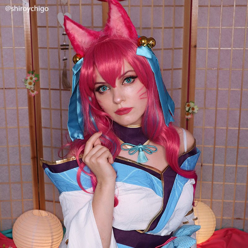 【48HR SHIP】LOL Spirit Blossom Ahri Long Curly Pink Gradient Cosplay Wigs With Ears - lemailwigs