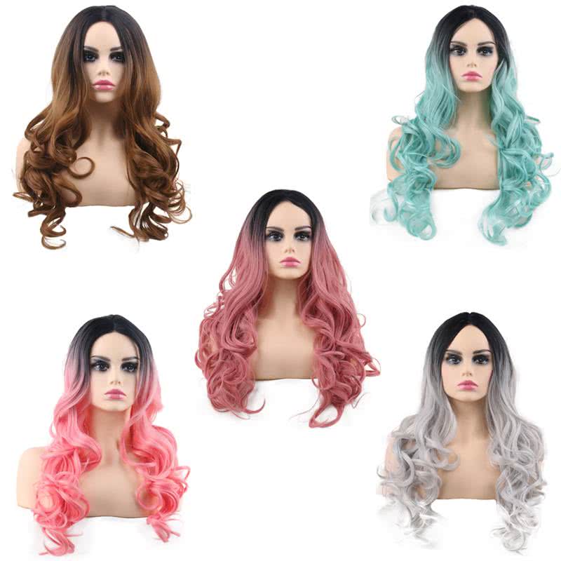 60cm Long Classic Curly Black Gradient Brown Pink Grey Charms Fashion Wigs - lemailwigs