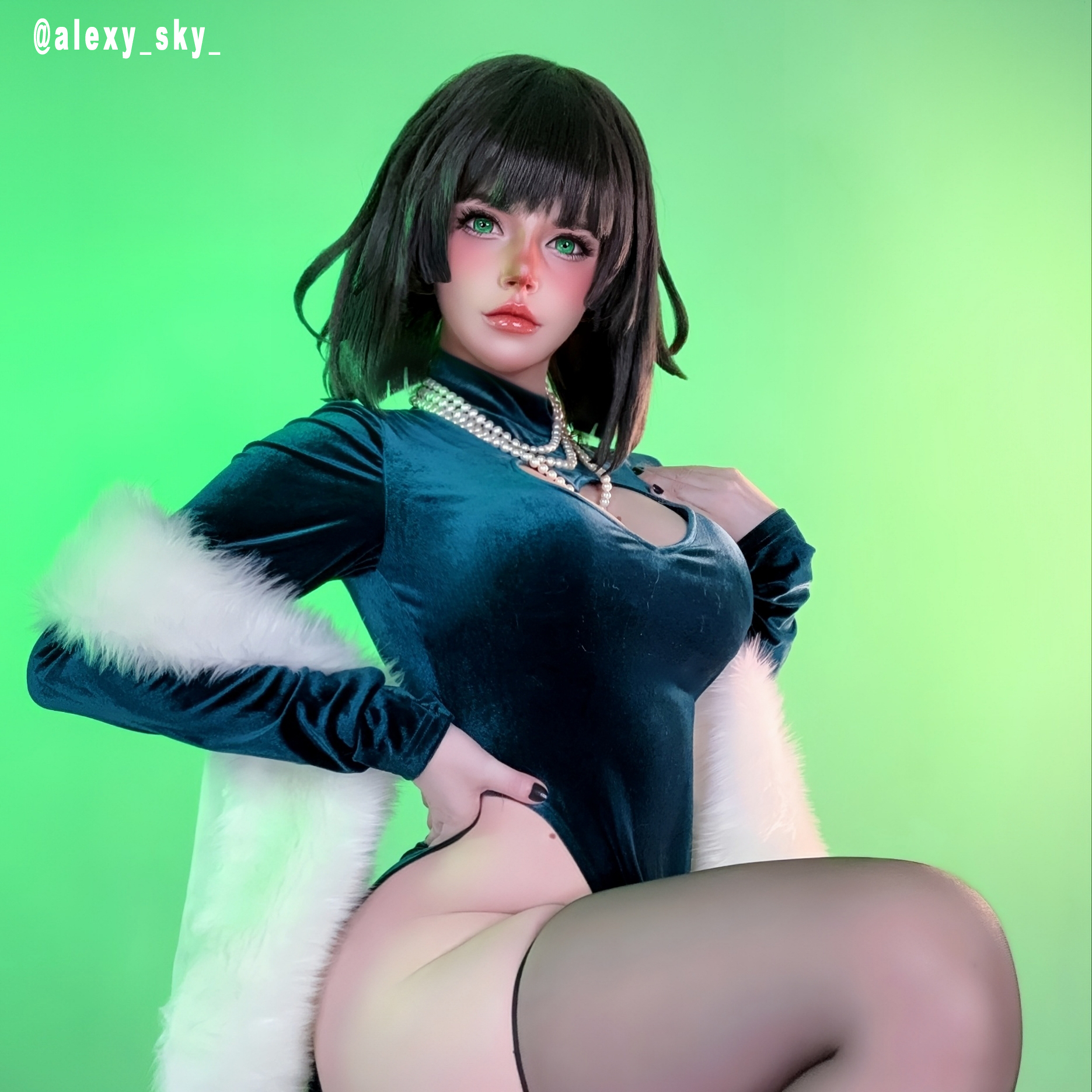 Anime One Punch Man Fubuki 40cm Dark Green Straight Cosplay Wigs