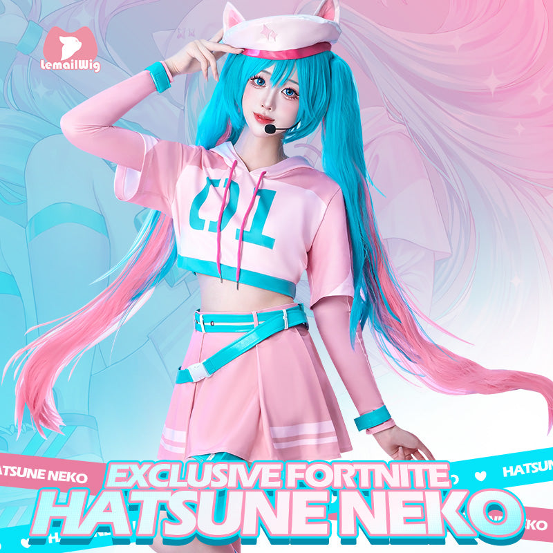 【In Stock】L-email Wig Exclusive Fortnite Neko Hatsune Miku Pink Cosplay Costume And Wig Kit