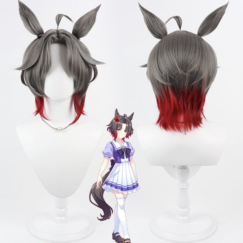 L-email Wig Umamusume: Pretty Derby Rose Kingdom Gray Mixed Red Cosplay Wig Ears Tail