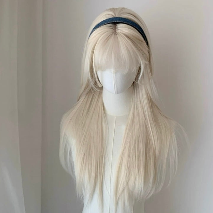 L-email Wig Blonde Platinum 65cm Middle Parting Bangs Lace Front Long Wig