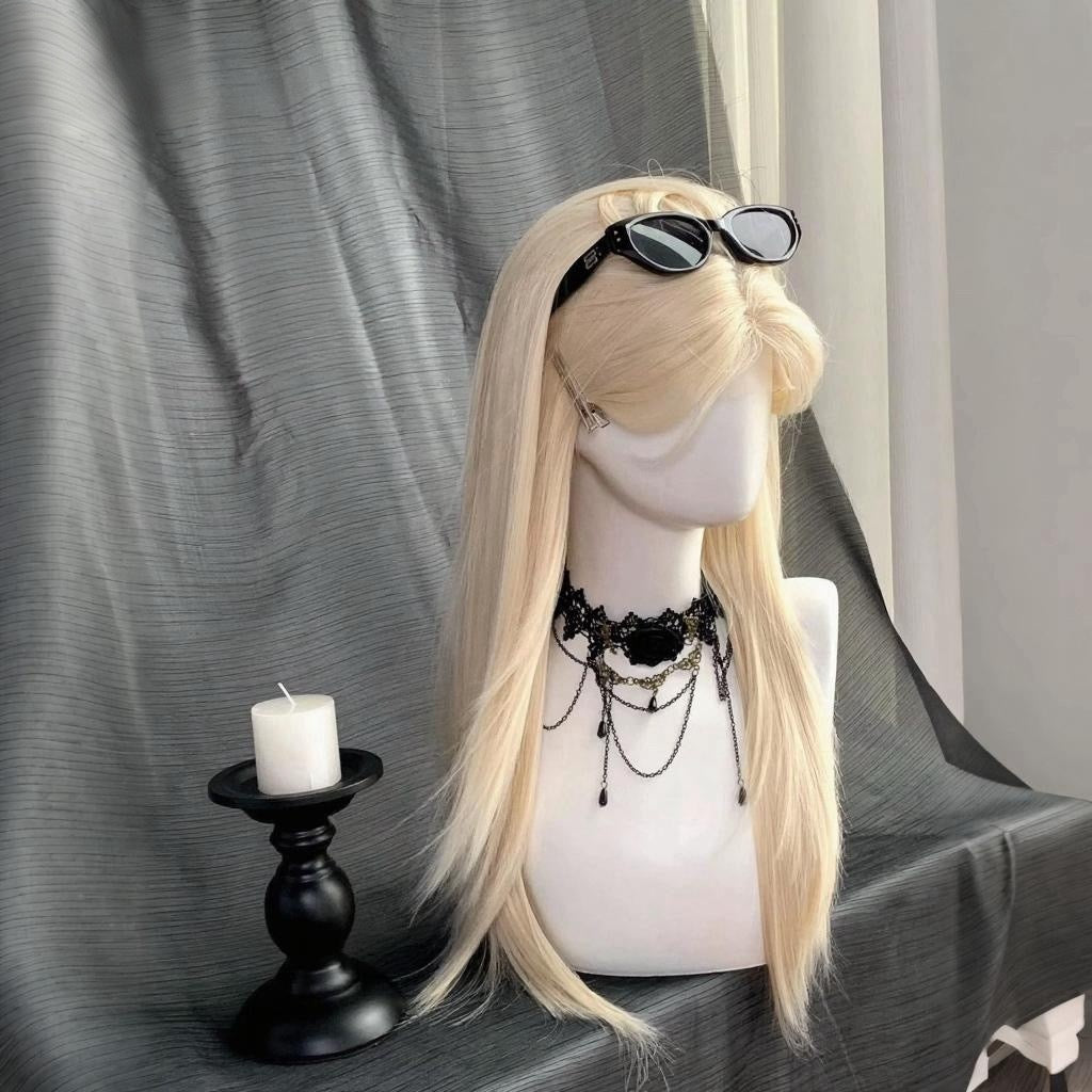 L-email Wig Blonde Platinum 65cm Middle Parting Bangs Lace Front Long Wig