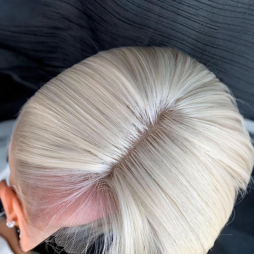 L-email Wig Blonde Platinum 65cm Middle Parting Bangs Lace Front Long Wig