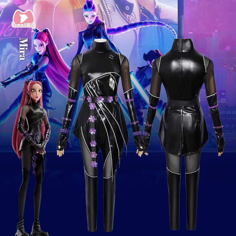 L-email Wig Huntr/X Kpop Demon Hunter Mira Black Leather Combat Cosplay Costume And Wig Full Set