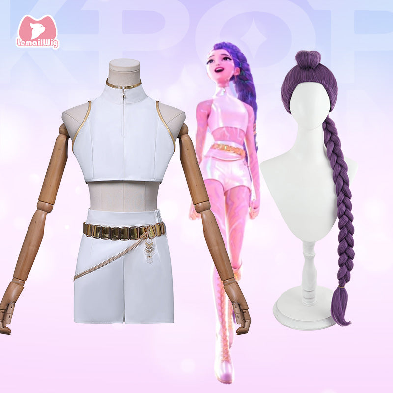 L-email Wig Kpop Demon Hunter White Outfit Rumi Cosplay Costume (XS-XXXL)