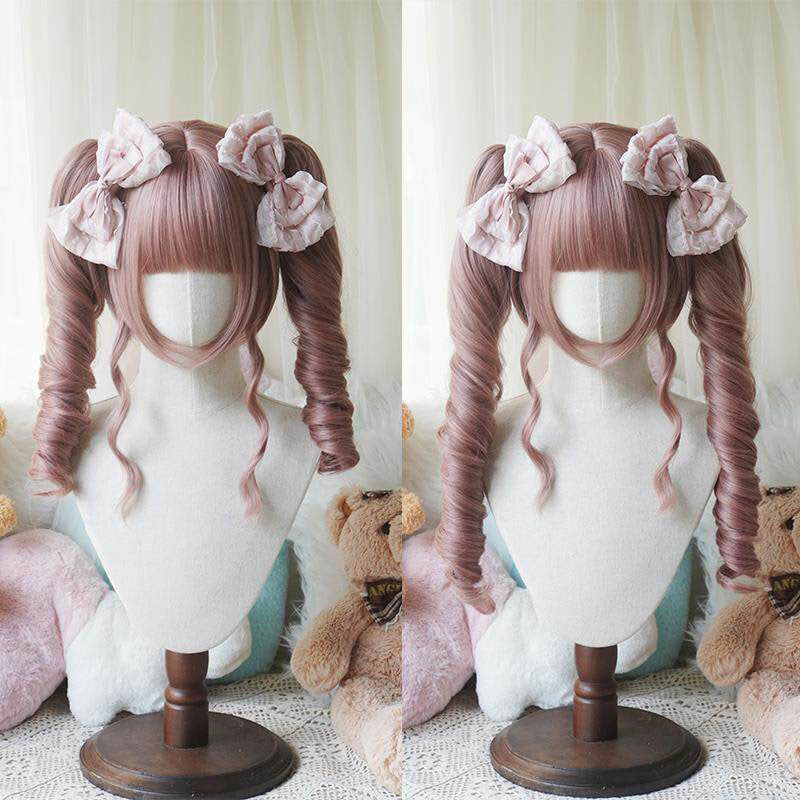 L-email Wig Sweet Lolita Long Twin Pigtail Spiral Curls Pink Wig with Bangs - Synthetic Ringlet Cosplay Wig