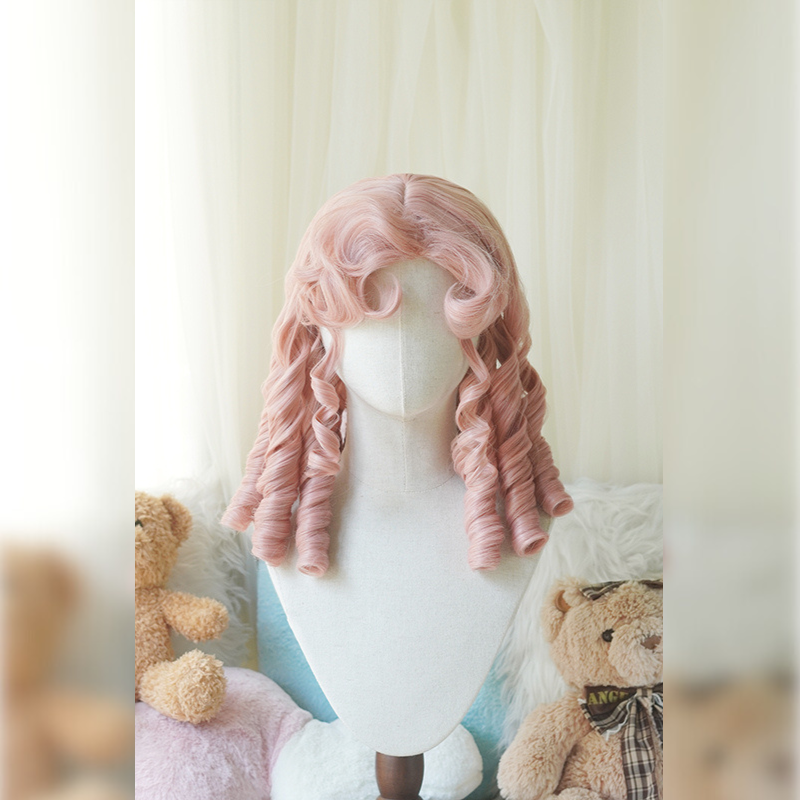 Lemailwig 5 Colors Short Roman Curl Vintage Lolita Wigs Pink Curly Bangs
