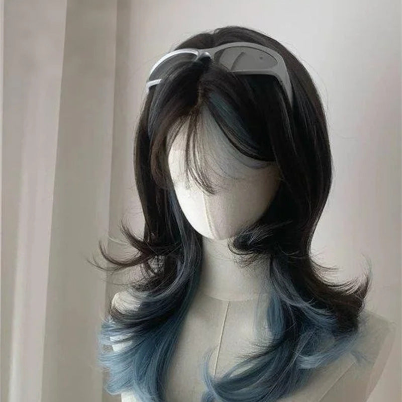 Lemailwig Black Mix Blue Long Curly Lace Front 50cm Wig