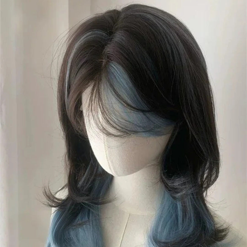 Lemailwig Black Mix Blue Long Curly Lace Front 50cm Wig