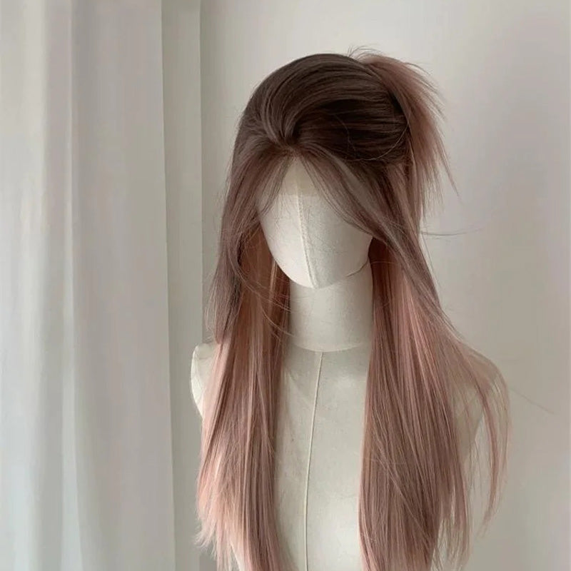Lemailwig Brown Mix Pink Long Straight Gradient Lace Front 65cm Wig