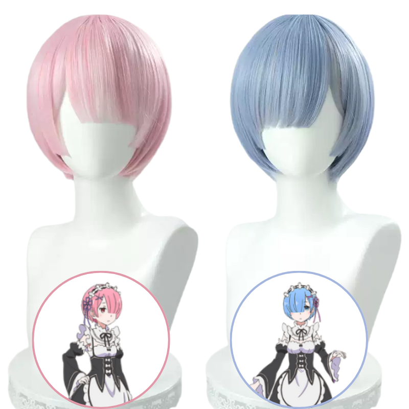 Lemailwig Re Zero Rem Ram Blue Pink Short Cosplay Wigs