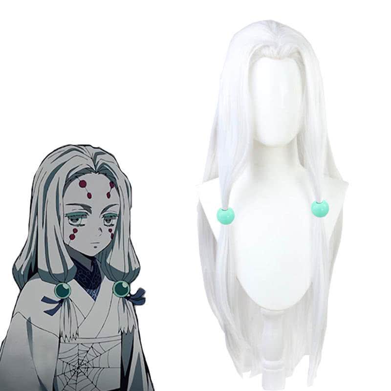 Demon Slayer Rui Spider Sister White Long Straight Cosplay Wigs With Free Headdress - lemailwigs