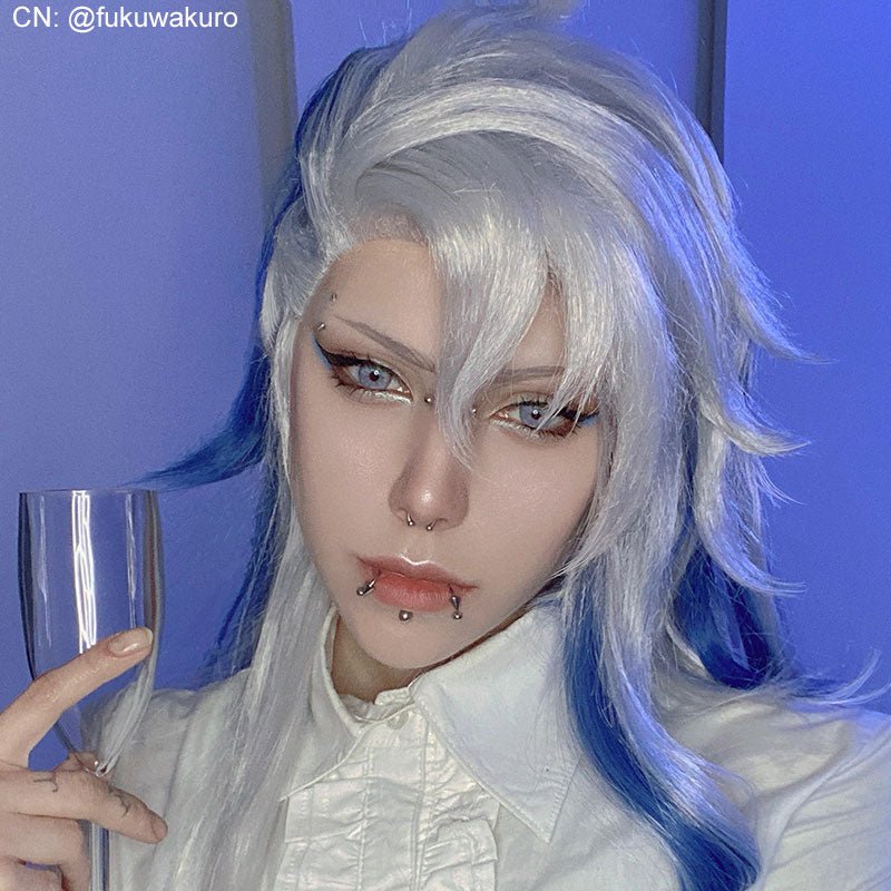 Genshin Impact Fontaine Neuvillette Grey Mixed Blue Cosplay Wig6