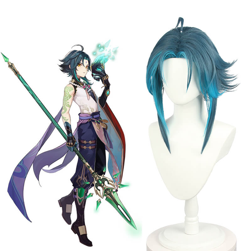 Genshin Impact Mountain Demon Xiao Short Mixed Blue Cosplay Wigs - lemailwigs