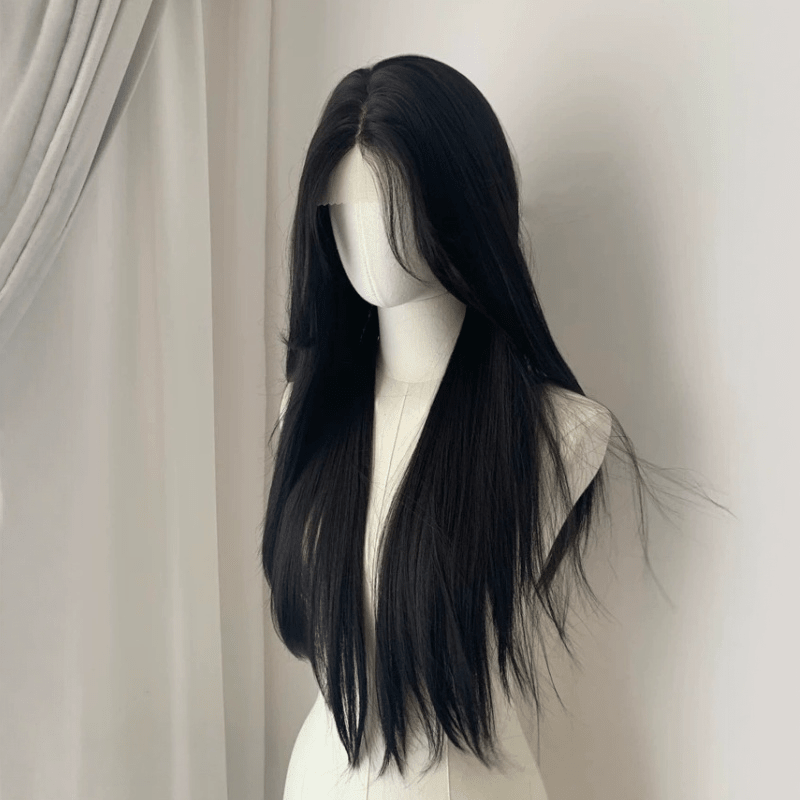L - email Wig Black Brown Long Straight Front Lace Wig - lemailwigs