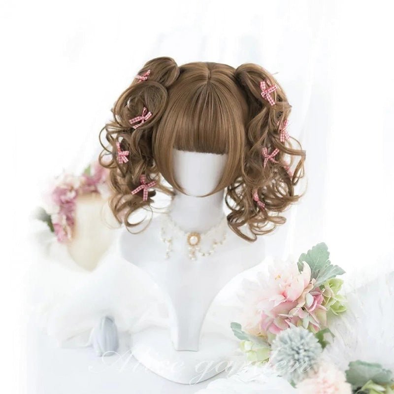 L - email Wig Brown Double Ponytail Curly Lolita Wig - lemailwigs
