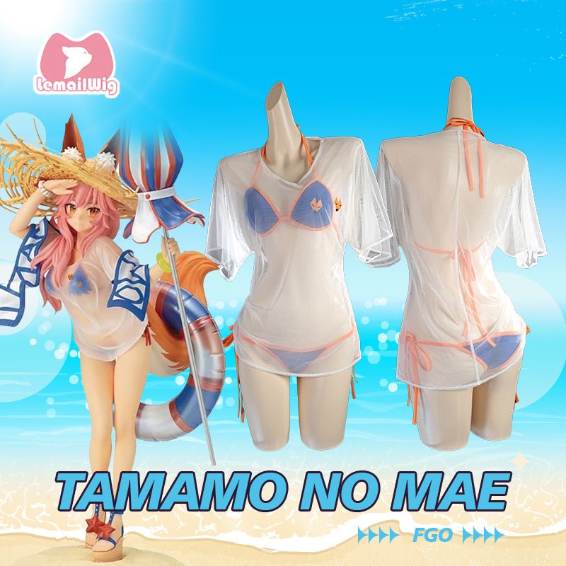 L - email Wig FGO Tamamo No Mae Swimsuit Sexy Bikini Cosplay Costume - lemailwigs