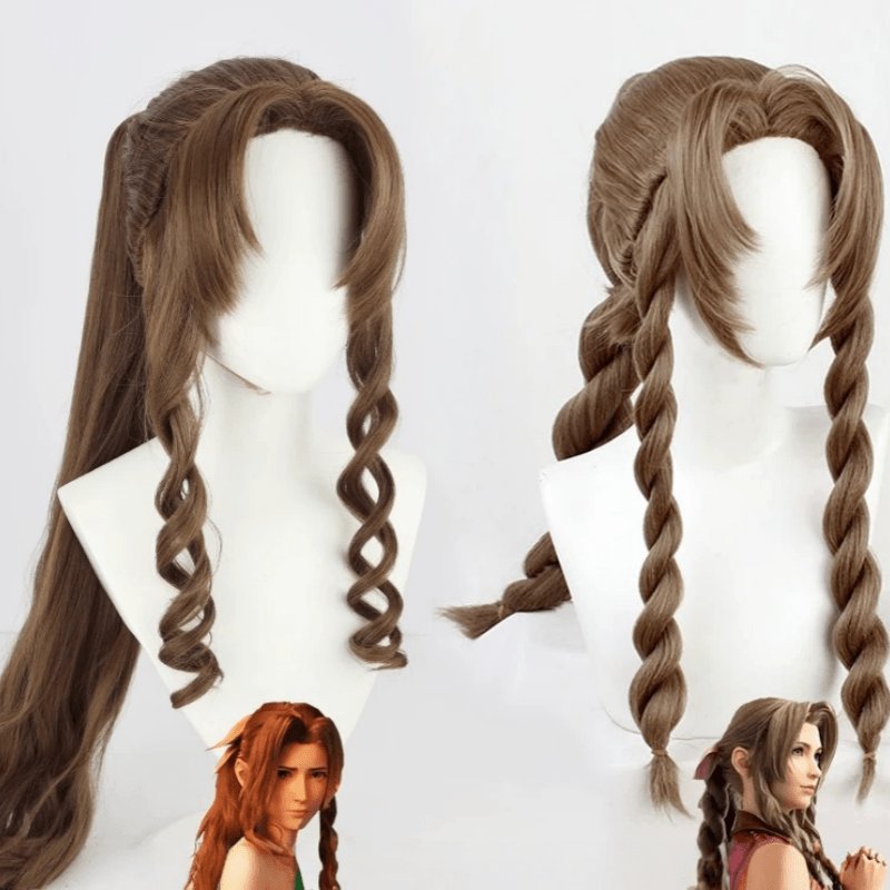 L - email Wig Final Fantasy VII Aerith Gainsborough Brown Curls 85cm Cosplay Wig - lemailwigs