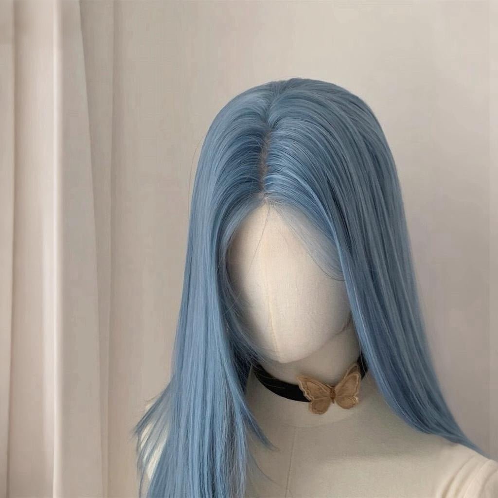 L - email Wig Hand Hook Blue Long Straight 65cm Lace Front Wig - lemailwigs