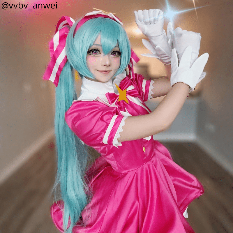 L - email Wig Hatsune Miku Retry Now Pink Dress Magical Cosplay Costume Wig Full Set - lemailwigs