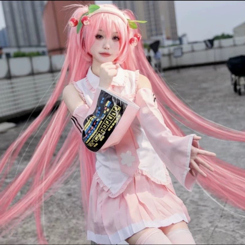 L - email Wig Hatsune Miku Sakura Miku Pink Full Set Halloween Cosplay Costume - lemailwigs