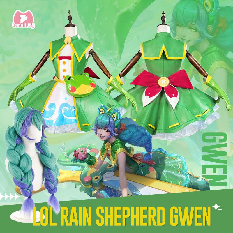L - email Wig League Of Legends Rain Shepherd Gwen Green Cosplay Costume Wig Set - lemailwigs