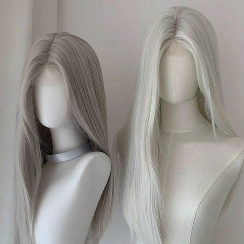L - email Wig Silver White Silver Gray 65/75cm Straight Front Lace Wig - lemailwigs