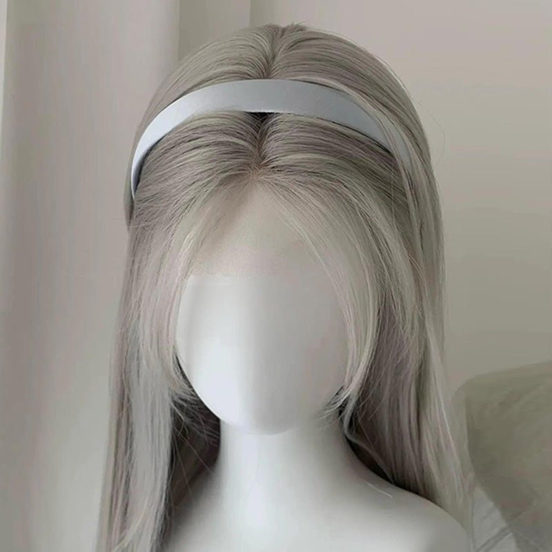 L - email Wig Silver White Silver Gray 65/75cm Straight Front Lace Wig - lemailwigs