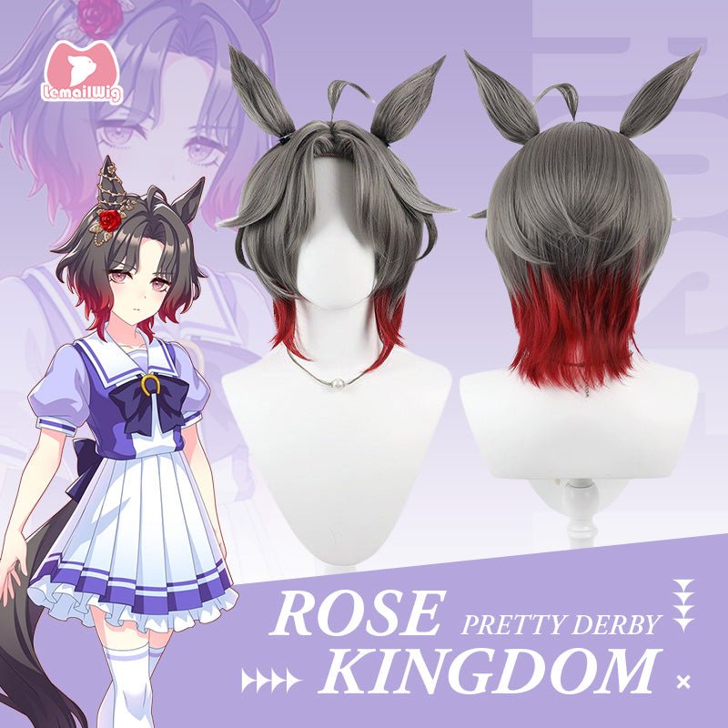 L - email Wig Umamusume: Pretty Derby Rose Kingdom Gray Mixed Red Cosplay Wig Ears Tail - lemailwigs