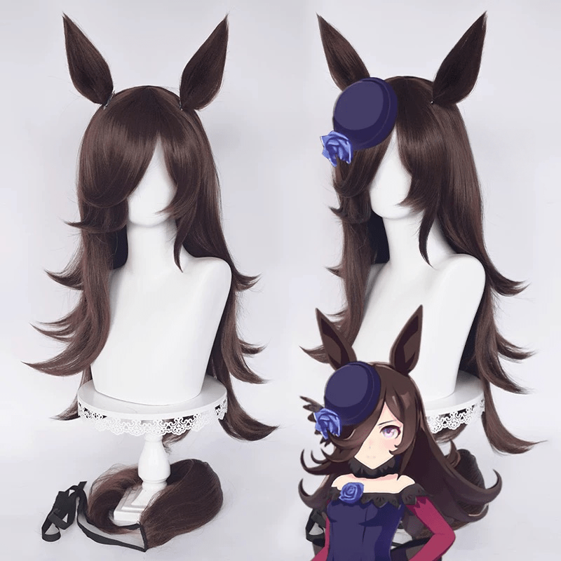 L - email Wig Umamusume:Pretty Derby Rice Shower Brown 75cm Cosplay Wig And Tail Ears - lemailwigs