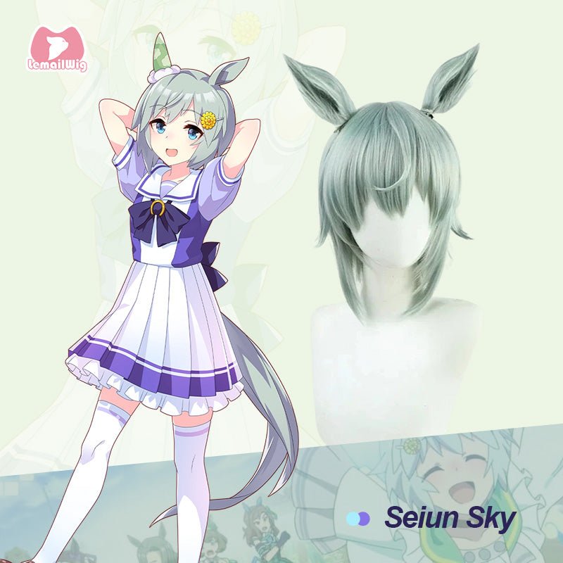 L - email Wig Umamusume:Pretty Derby Seiun Sky Light Green Cosplay Wig Ears And Tail - lemailwigs