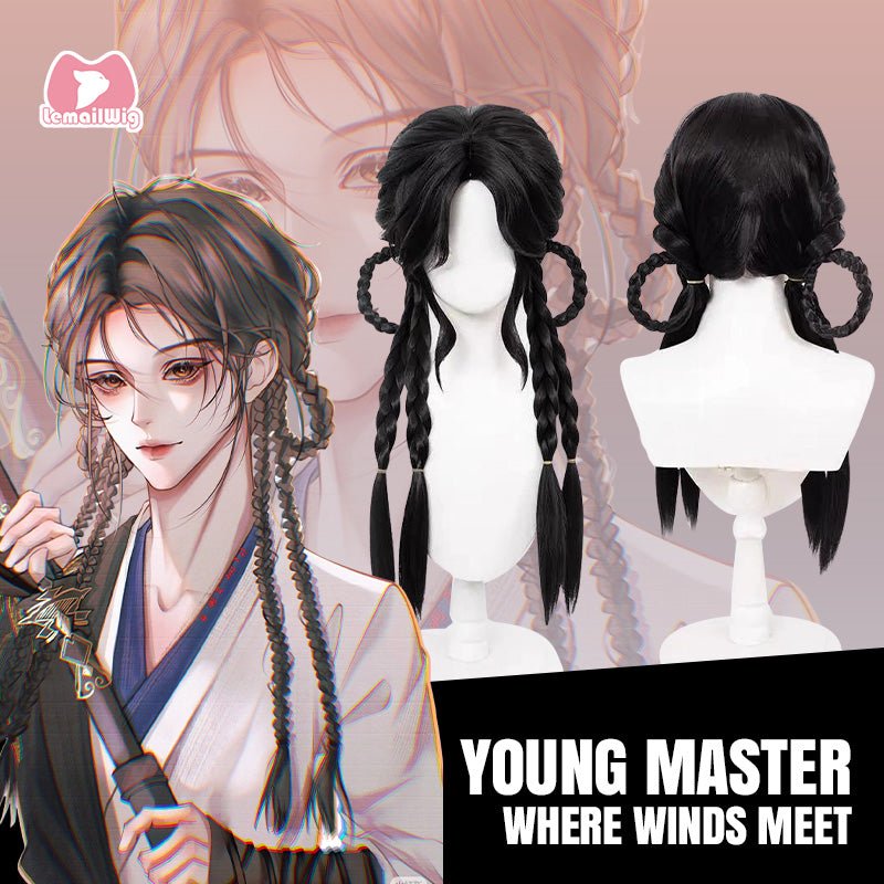 L - email Wig Where Winds Meet Female Young Master Black Double Braids Cosplay Wig - lemailwigs
