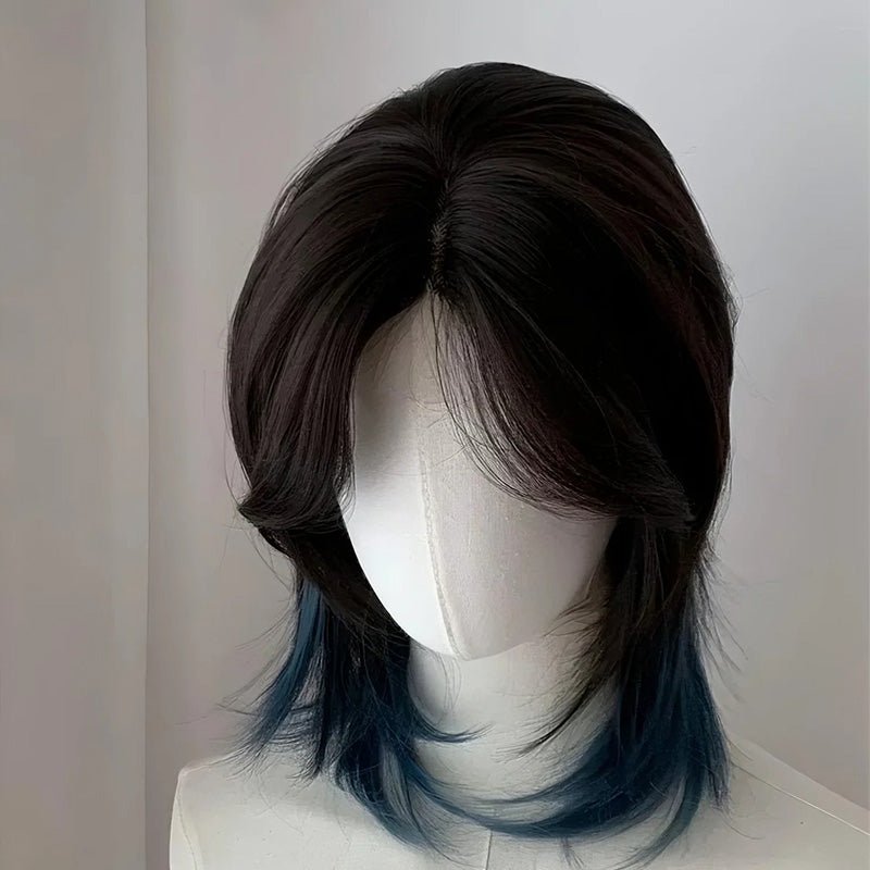 Lemailwig Black Mix Blue Gradient Short Front Lace 38cm Wig - lemailwigs