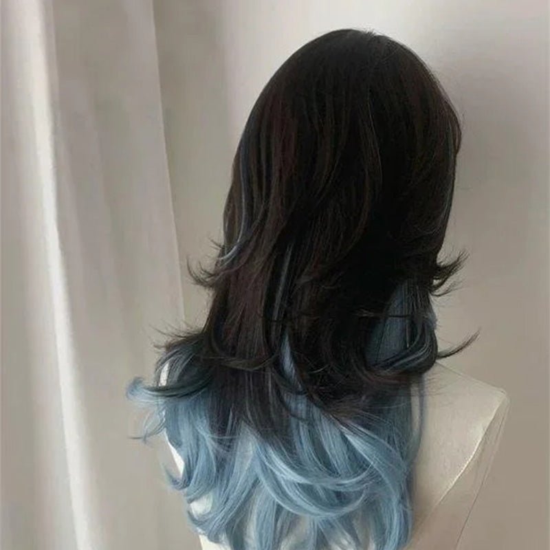 Lemailwig Black Mix Blue Long Curly Lace Front 50cm Wig - lemailwigs