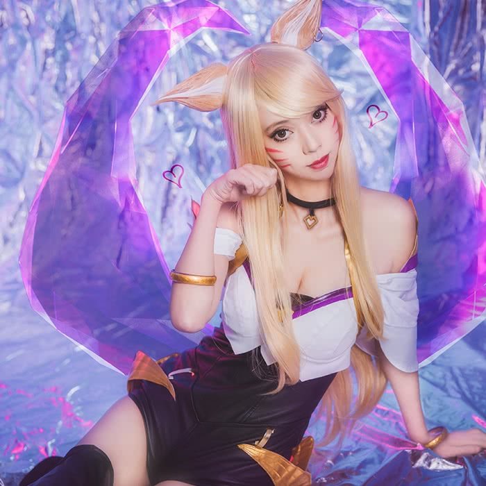 LOL KDA Ahri Long Straight Blonde Cosplay Wigs With Ears - lemailwigs