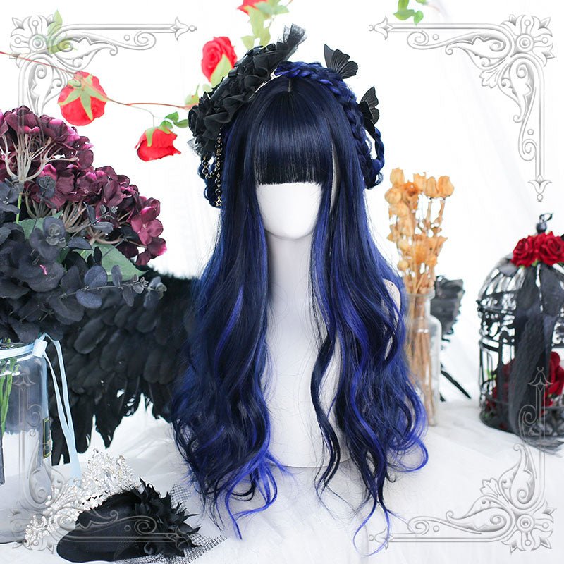 Lolita Black Mixed Blue Long Curly Cosplay Wigs - lemailwigs