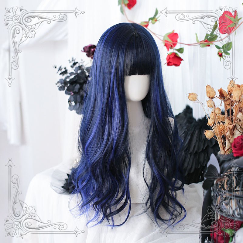 Lolita Black Mixed Blue Long Curly Cosplay Wigs - lemailwigs