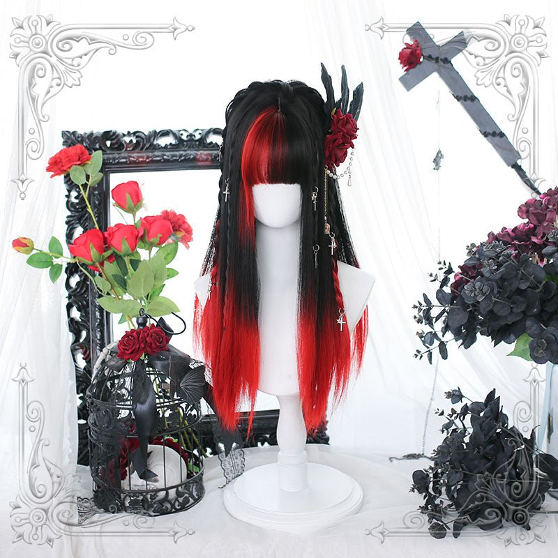 Lolita Black Mixed Red Long Straight Cosplay Wigs - lemailwigs