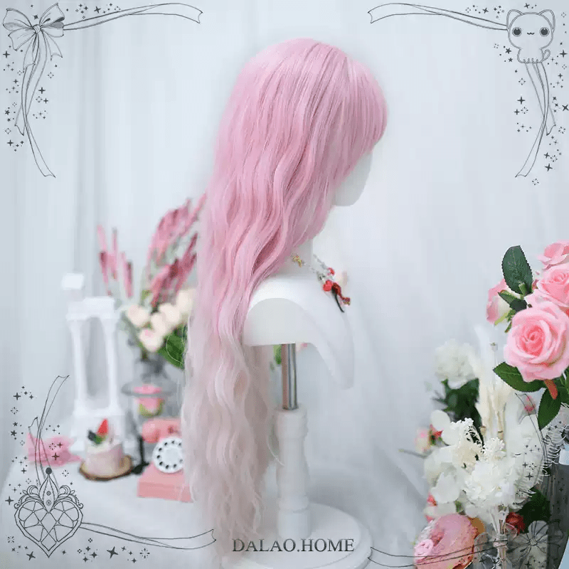 Lolita Peach Sweet Wine Pink Natural Long Curly Wig - lemailwigs