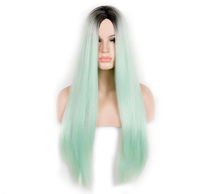 Long Straight Black to Green Mint Ombre Synthetic Hair Wigs For Women - lemailwigs