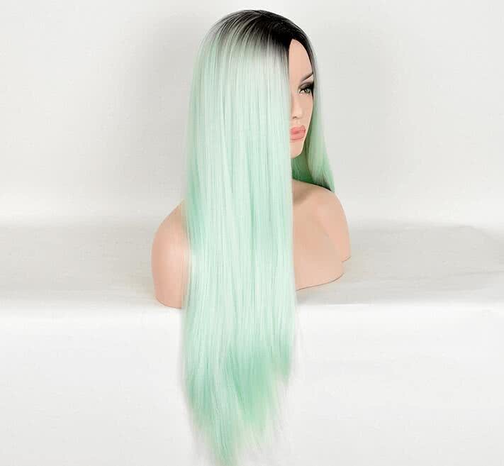 Long Straight Black to Green Mint Ombre Synthetic Hair Wigs For Women - lemailwigs