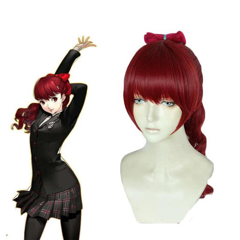 Persona 5 Royal Kasumi Yoshizawa Long Curly Wine Red Ponytail Cosplay Wigs - lemailwigs