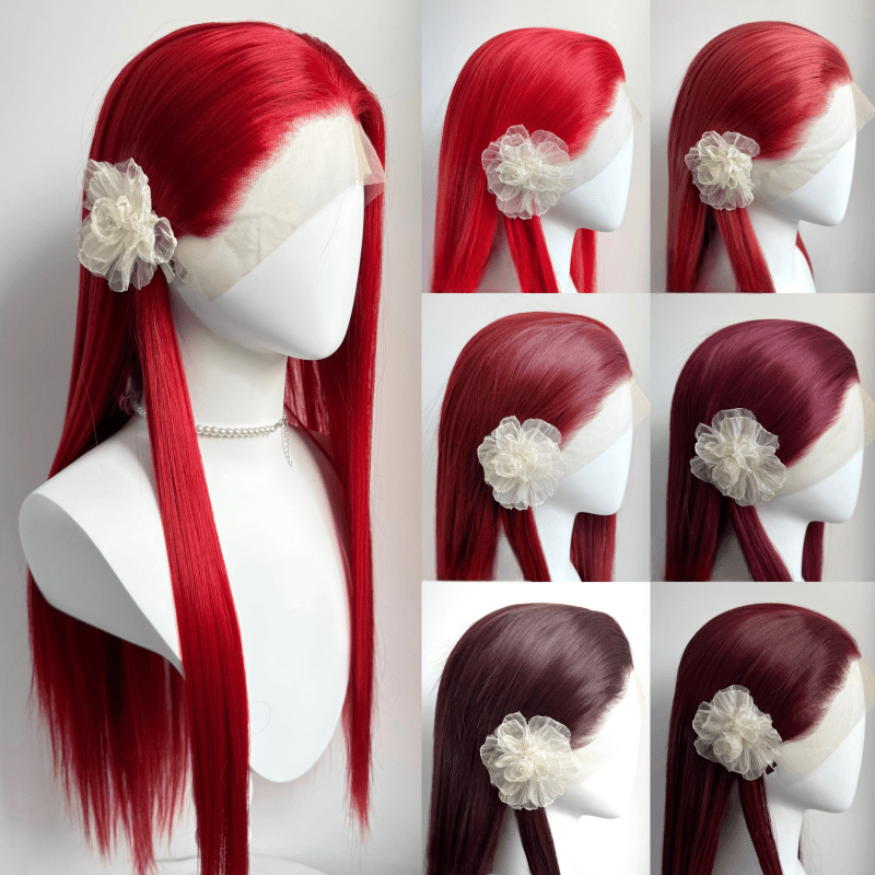 Red 7 Colors 13×4 Hand Hook 80cm Long Straight Front Lace Wigs - lemailwigs