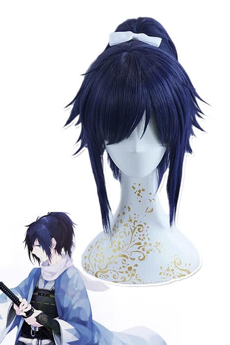 Touken Ranbu Yamato no kami Yasusada Dark Blue Purple Synthetic Hair Ponytail Medium Long Straight Cosplay Wigs - lemailwigs