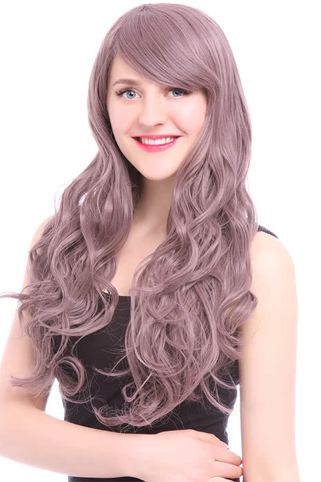 Women Fashion Wigs 60cm Long Purple Taro Wave Curly Synthetic Hair Wigs Fl05C - lemailwigs