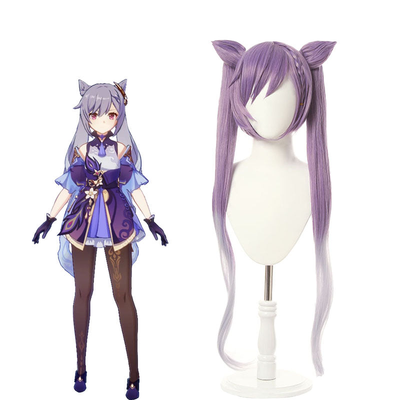 Game Genshin Impact Keqing Long Mixed Purple Ponytail Cosplay Wigs With Ears